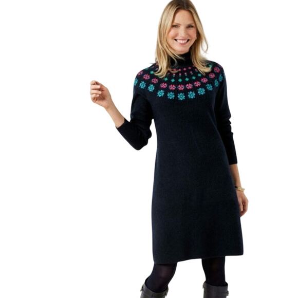 Talbots Sweater Dress Womens Medium Navy Embroidered Yoke Fair Isle Holiday New - Picture 1 of 8